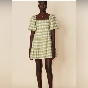 Faithfull the Brand Leilani Shirred Checked Linen Mini Dress, Sage Green, SM